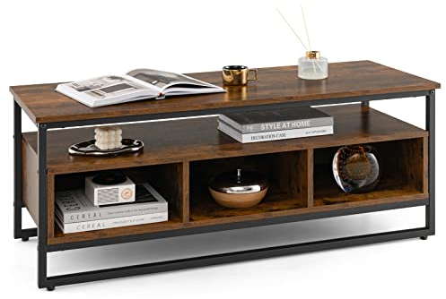 COSTWAY Meuble TV Industriel, Table Basse Indusrielle avec 3 Compartiments et Cadre en Métal, Meuble TV Bois à 2 Étagères pour Salon, Chambre, Marron Rustique, 110 x 42,5 x 45 cm