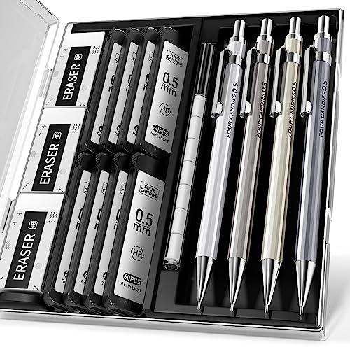 Four Candies Druckbleistift Set, 4 Stück Minenbleistift 0,5 mm, Metall Bleistifte mit 8 Tuben HB #2 Blei, 3 Stück 4B Radiergummi und Etui, Druckbleistifte zum Schreiben und Zeichnen