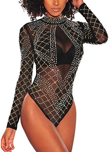 MAYFASEY Women Sexy Mesh Long Sleeve Rhinestone Leotard Top Jumpsuits Clubwear Bodysuit, Black, S