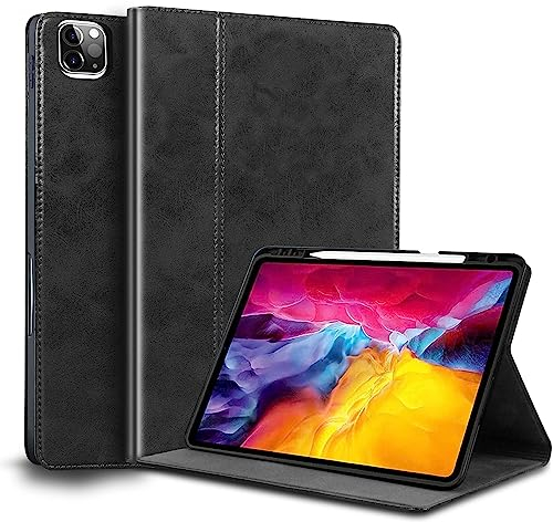 Gexmil Leder Hülle für iPad Pro 12,9 Zoll 6./5./4./3. Generation 2022/2021/2020/2018 Echt Leder Cover mit Stylus Halter,Stoßfest Automatischer Schlaf/Aufwachen,Einstellbarer Ständer, Schwarz