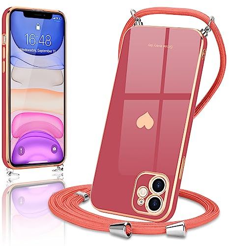 Wirvyuer Handyband Kompatibel mit iPhone 11 Handyhülle Necklace Hülle mit Band zum Umhängen Kameraschutz Liebesherz Schutzhülle mit Halsband Galvanik Silikon Umhängetasche für iPhone 11 Rot