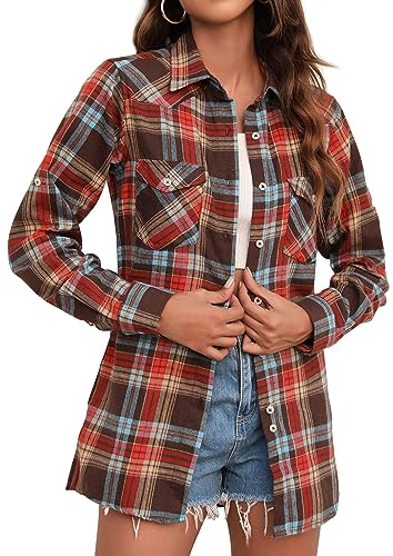 siliteelon Damen Kariertes Bluse Kariertes Baumwolle Freizeithemd Regular Fit Flanellhemden,S