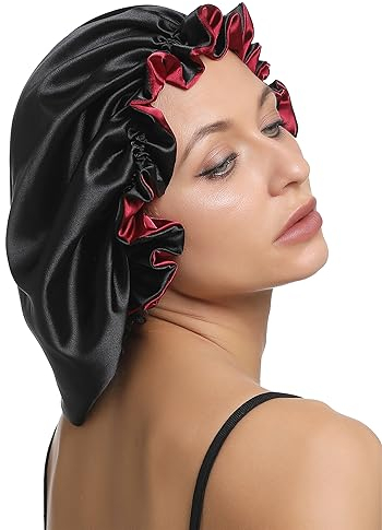 SENGTERM 100% Maulbeer Seide Schlafmütze - 19 Momme Doppelschicht Seide Bonnet Nacht Schlafmütze Kopfbedeckung Haarwickel für Frauen lockiges Haar mit elastischem Band (Black&red)