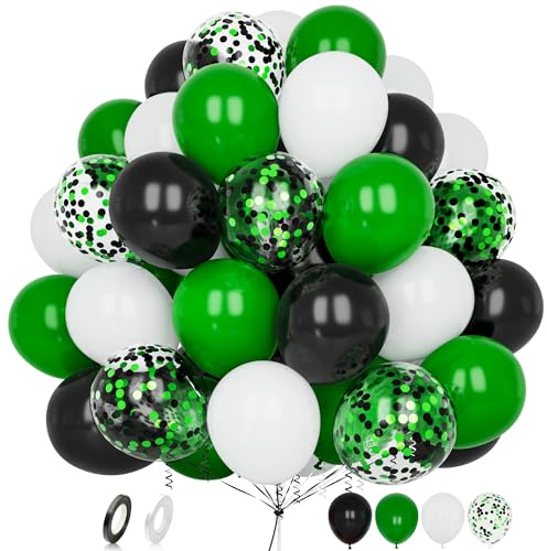Green Black Balloons, 60 pcs 12 Inch Matte Black White Green Confetti Latex Balloons with Ribbon for Boys Men Kids Birthday Baby Shower Football Soccer Wedding Sports Video Game Theme Party Decoration
