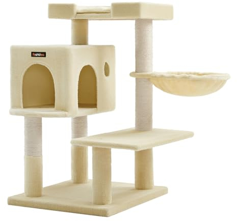 Feandrea Árbol para Gatos, Torre para Gatos con Postes Rascadores de Sisal, Plataforma Grande, Cueva, Cesta Giratoria, Cojín Extraíble y Lavable, Beige PCT42M
