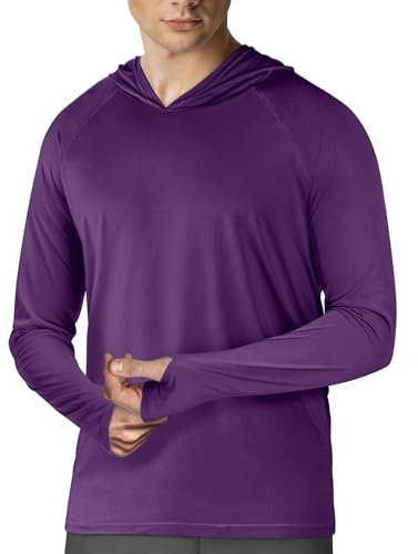 Mens UPF 50+ Sun Protection Hoodie Shirt Long Sleeve Rash Guard Fishing Outdoor Running Sun UV Shirts Lightweight Quick Dry, Purple, Medium