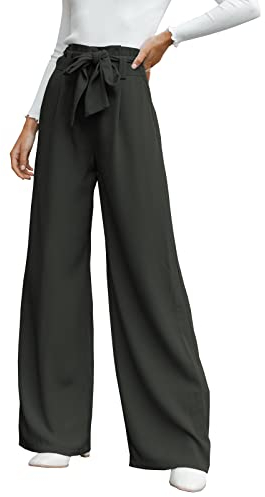 Cicy Bell Damen Weite Bein, Stoffhose Damen Hohe Taille Palazzo Hose, Leicht, Lockere Freizeithosen, Hose Krawatte Knoten Taschen-Elegant Casual Weite Hose,Hosen-Dunkelgrau, S
