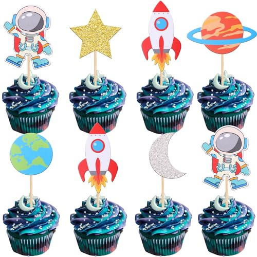Xsstarmi 36 Packung Tortendeko Planet Weltraum Geburtstag Astronaut Cupcake Topper Space Birthday Decorations für Kindergeburtstag Weltraum Thema Astronaut Geburtstag Party Kuchen Dekoration