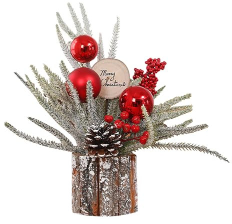 Durdiiy Artificial Christmas Flowers Mini Christmas Tree Fake Plants in Wooden Barrels Handmade Exquisite Nordic Desktop Table Ornaments Xmas Gifts Decorations for Living Dinning Room (Red fruit)