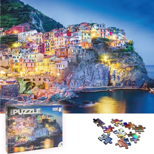 Universal Castle Metallic Foil 1000 Pieces Jigsaw Puzzles for Adult Landscape Panorama Europe Italy Sense Landmark Photo Impossible Puzzle (Manarola, Cinque Terre, Italy)