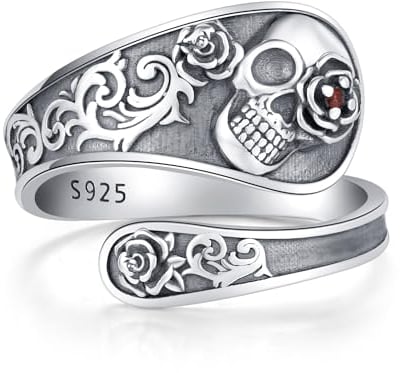 Halloween Skull Open Ring 925 Sterling Silver Gothic Rings Rose Flower Spoon Rings Adjustable Gothic Jewellery Gifts For Women Men Ladies