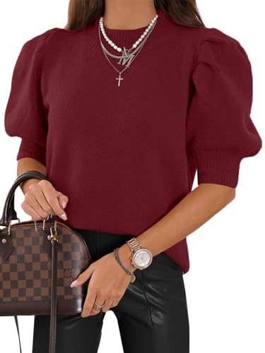 Women's Puff Short Sleeve Sweater Tops 2025 Summer Fall Trendy Knit Crew Neck Casual T Shirts Blouses, Burgundy, XL