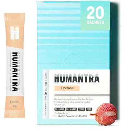 Humantra Electrolytes Powder - Lychee Flavor, 20ct - Powdered Hydration Sachets - Plant-Based Electrolyte Powder with 6 Electrolytes - Vegan, Sugar Free, Gluten Free