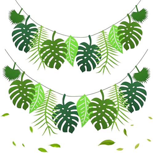 XQMMGO 2 Stück Dschungel Deko, Grün Tropische Palmenblätter Bunting, Dschungel-Geburtstag Party-Dekoration, Wiederverwendbare Sommer Dekoration Filz, Monstera deko