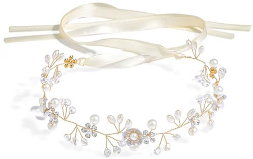 Haarschmuck Kommunion Mädchen,Prinzessin Blumenkranz Haare,Weiß Perle Haarreifen Kopfbedeckung,Blumen Haarkranz mit Band,Geeignet für Braut Damen,Fotografie Hochzeit Zubehör