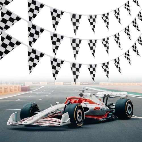 Racing Flags, 10 Meters Checkered Pennant, 38 Pieces Reusable Black Pennant Racing Car Party Triangle Flags for Race Theme Birthday Party Decoration