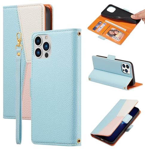 ZCDAYE Wallet Case for iPhone 16 Pro Max, Premium Colour Block Leather Phone Case Hoster, Skin-Friendly Elegant Women Girl Lady Flip Cases Cover for iPhone 16 Pro Max (6.9 inch), Blue