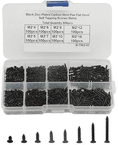 BGTXINGI Lot de 800 vis autotaraudeuses à tête bombée M2 en acier inoxydable et oxyde noir - 8 types de vis à tête plate et cruciforme - Dans un étui pratique