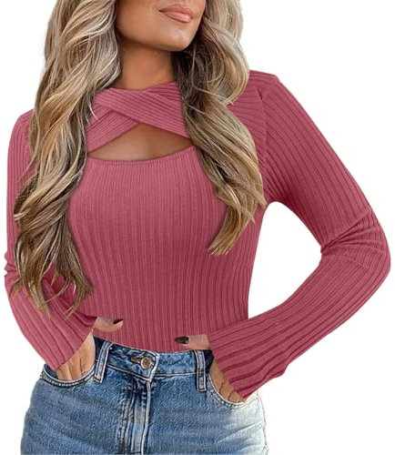 Maglione Donna 2023 Manica Lunga Maglia Scollatura Leggera, Girocollo, Top Autunno S XXL Maglione Rosa Antico Donna, rosa intenso, Taglia unica