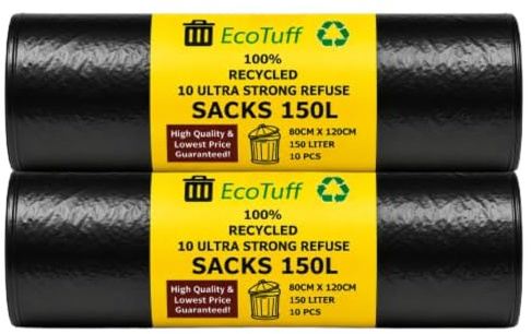 EcoTuf - 20 Pack Ultra Heavy Duty Refuse Sacks, 150L, 60Kg Weight Resistant, Bin Bags, Garbage Bags, Leak Resistant, Eco-Friendly, Disposable, Perfect for Household, Garden, Commercial & Building Use