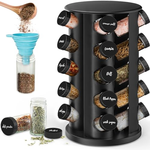 IPEB Grille d'épices tournante avec20 verres d'épices,acier inoxydable,noir | Barre tournante, avec autocollant, Trinche pliable, Pour plaque de travail ou armoire