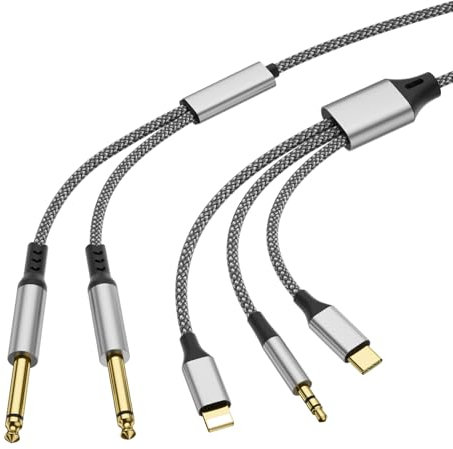 Câble adaptateur audio Lig-htning vers double 6,35 mm 1/4 3 en 1 vers double 1/4 avec puce DAC, compatible avec smartphones, ordinateurs, écouteurs, haut-parleurs et tables de mixage. Convient pour