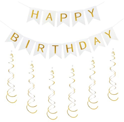 Kzouenzu Geburtstag Deko Banner Luftschlangen, Girlande Geburtstag, Deko Girlande Spiralen Für Party Dekoration [Weiß + Gold]