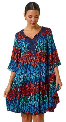 Roman Originals Smock Dress for Women UK Ladies Cotton Summer Embroidered Frilled Tiered Casual Beach Cruise Holiday Cocktail Party 3/4 Sleeve Pull On Gathered Skirt - Navy Red - Size 20