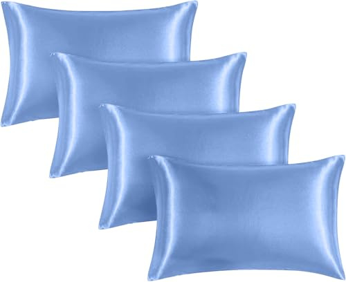 Moonlight Bedding Sky Blue Satin Pillowcases 4 Pack – Soft & Smooth Feels Like Silk Pillowcases for Hair and Skin Care