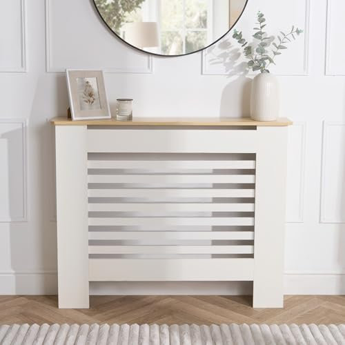 OHS Cream Radiator Cover Medium, Stylish Slatted Design Wooden Frame Oak Top Shelf Wooden Radiator Covers for Living Room Bedroom Hallway