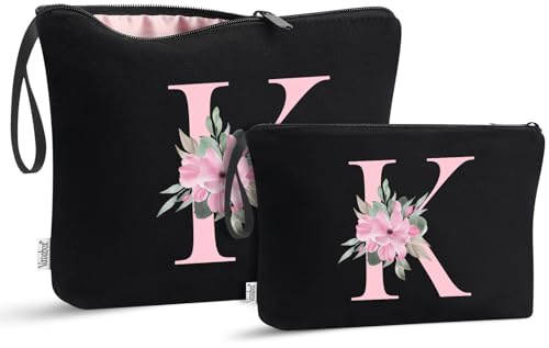 Vavabox Trousse de Toilette personnalisée A à Z, Tissu Premium & Fermeture éclair Robuste, Cadeau Parfait Femme, idée Présent Fille Unique, Cadeau Unique pour mariée ou Demoiselle (K, Noir 2 Pièces)