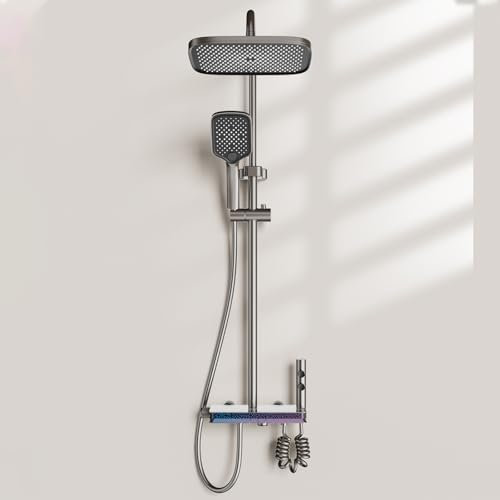 LANMOU Columna Ducha con Grifo, Altura Regulable 80-120cm, Indicación de La Temperatura, Grifo Ducha con Cabezal Ducha Lluvia 30x20cm y Alcachofa de Ducha 3 Funciones, Grifos de Bidé 2 Modos, Gris
