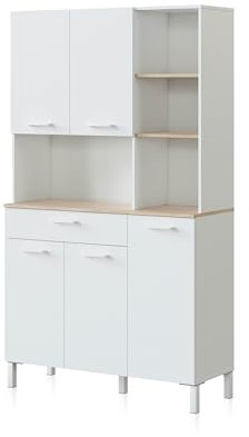 duehome | Alacena de Cocina, Mueble Auxiliar 5 Puertas + 1 Cajon y Estante Interior, Modelo Colin, Acabado en Blanco Artik y Roble Canadian, Medidas: 108 cm (Ancho) x 186 cm (Alto) x 40 cm (Fondo)
