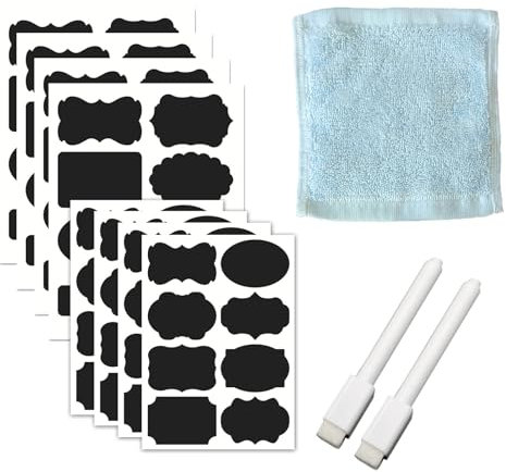 UYGTHI Kreidetafel-Etiketten Mit 2 Stiften Und 1 Handtuch, Selbstklebende Etiketten Zum Beschriften, Klebeetiketten Zum Beschriften Wasserdicht Wiederverwendbar Für Gläser Und Aufbewahrungsbehälter