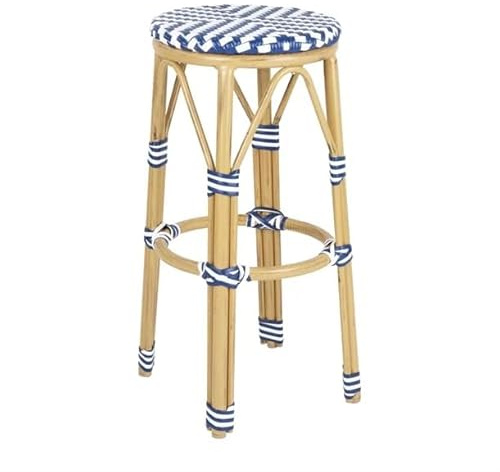 Bolero Parisian Style UV Resistant PE Rattan Bar Stools 2 Pack, Blue | Weatherproof, stackable stools provide a reliable outdoor dining solution for busy commercial patios and cafes.