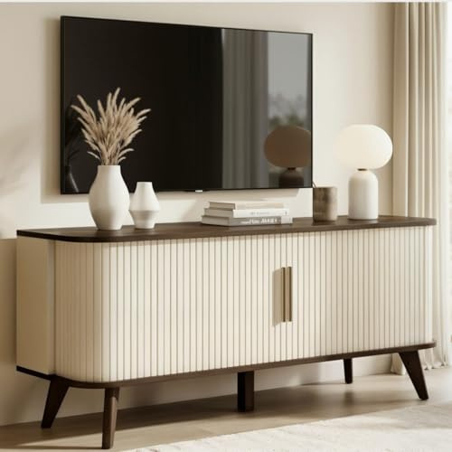 Galano Flutoria Lincoln Wide TV Unit – 130cm Entertainment Centre for TVs up to 55 – Modern TV Stand Cabinet with 2 Doors & Large Storage for Living Room – Parchment/Royal Walnut