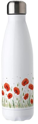 Purely Home Summer Poppies Water Bottle - Reusable Double Walled 500ml Hot/Cold Drinks Outdoor Bottle Floral Gifts