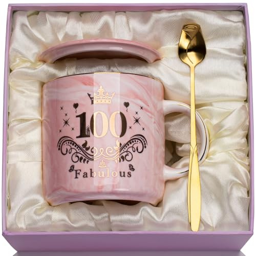 WXYTXHYQ Regalo per il 100° compleanno da donna, tazza con cucchiaio, coperchio, confezione regalo, 400 ml