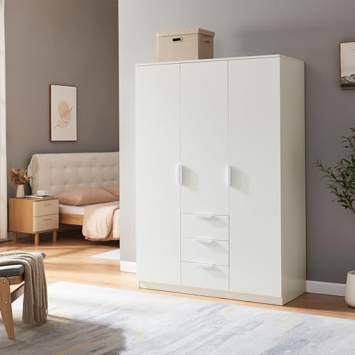 [en.casa] Armario Dormitorio Eiselfing Armario Ropero Clóset con 3 Puertas 2 Percheros 4 Compartimentos 3 Cajones para Dormitorio Vestidor MDF 176 x 120 x 52 cm - Blanco