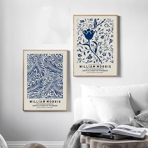 GOSRD Modernes William Morris Blue Botanical Set Wandkunst Nordische Poster Leinwandgemälde Drucke Bilder für Wohnzimmerdekoration (30x40cm-2 Stück)