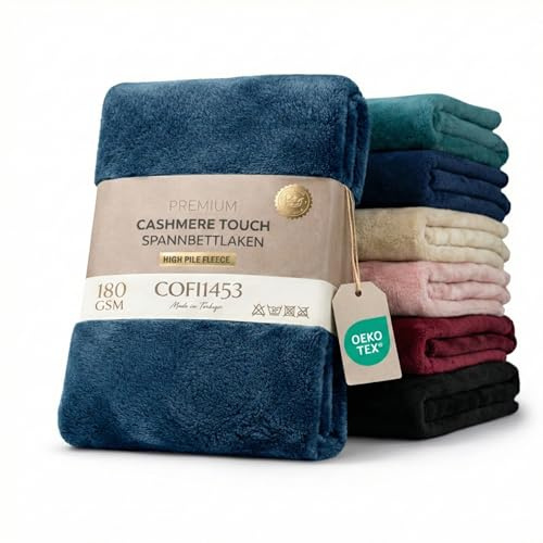 COFI1453 Teddy-Plüsch Spannbettlaken, Extra Dickes Winter Bettlaken (180 GSM), Edler Cashmere-Touch, rutschfest & Oeko-Tex, Für Boxspring & Topper (30-40cm Steg) (Dunkelblau, 140-160 x 200 cm)