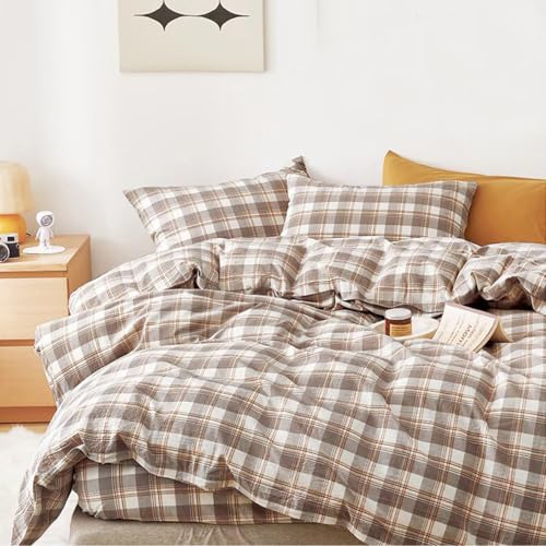 Nesture Bettwäsche 135x200 Baumwolle 2teilig, Beige Kariert | 100% Baumwolle, gewaschene Leinenoptik, 1x Bettbezug 135x200 + 1x Kissenbezug 80x80cm, Bettwäsche-Sets, Weich & atmungsaktiv