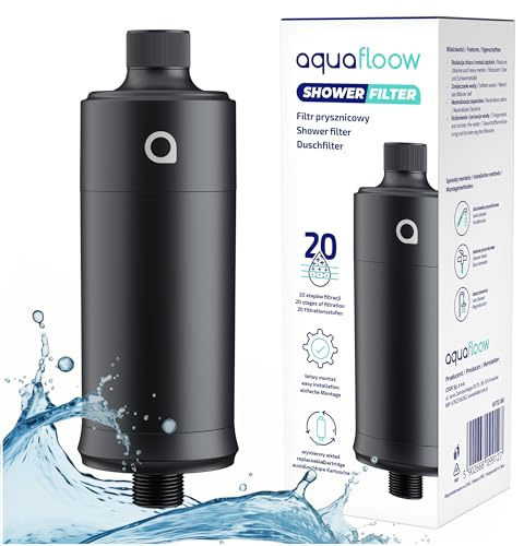 Aquafloow Filtre de Douche Anti-Calcaire, Filtre pour Robinet de Douche contre le Chlore et la Saleté – Filtration 20 Étapes – Compatible avec Tous les Tuyaux Standards - Noir