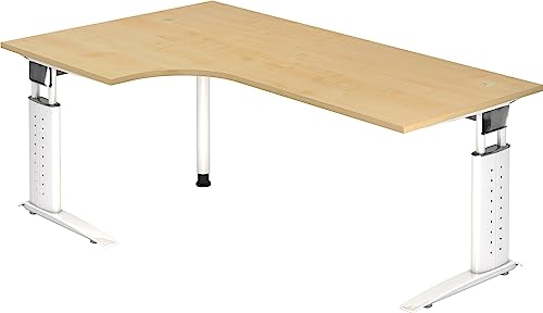 bümö höhenverstellbarer Eckschreibtisch U-Serie 200x120 cm in Ahorn, Gestell in weiß - Schreibtisch L Form, großer Tisch für's Büro, Computertisch höhenverstellbar