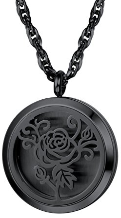 PROSTEEL Parfüm Anhänger Halskette Schwarz Edelstahl Damen Herren Hohl Rose Blume Medaillon Ätherische Öle Diffusor Floating Locket mit Kette Schmuck Aromatherapie Accessoire mit 8 bunten Pads