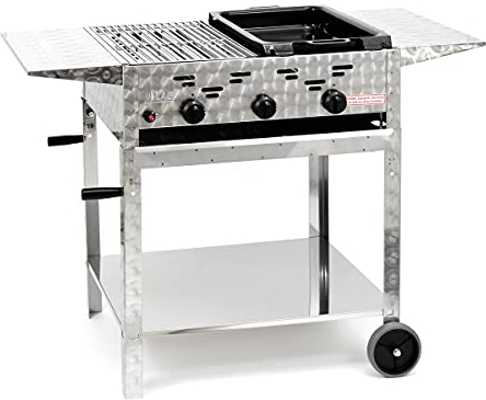 Gasgrill-Kombibräter 11kW 3-flammiger Edelstahl-Brenner fahrbar mit kl. Grillrost und kl. emaillierter Stahlpfanne Gastrobräter Profigrill