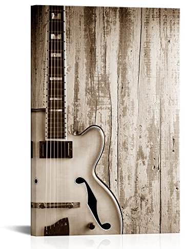 Artsbay Wandkunst mit Gitarre, Wandkunst, Kunstdruck, Kunstdruck auf Leinwand, Gitarren-Bilder, Poster auf Retro-Holzhintergrund, gespannt und gerahmt, Heimdekoration für Wohnzimmer, Schlafzimmer