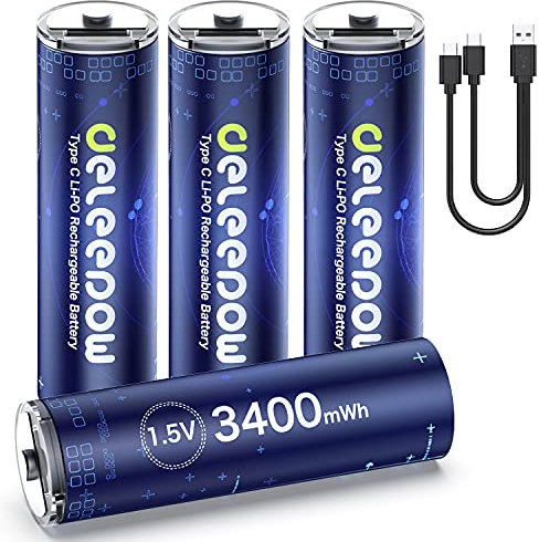 Deleeepow - Baterías AA recargables USB 3400 mWh AA de litio recargables 1500 ciclos con cable USB C, paquete de 4