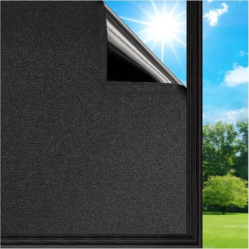 Lifetree Blackout Window Film Privacy: 91% Total Light Blocking Self-Adhesive Black Frosted Window Film for Glass Windows No Glue Static Cling for Baby Nursery, Day Sleeping (Black, 90 * 300cm)