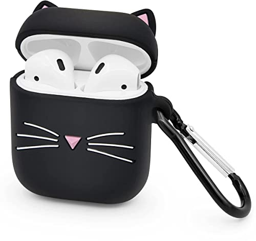 LIUKE Niedliche Airpods-Hülle, Airpods 2-Hülle, Schwarze Whisker-Katze Kitty, lustiges 3D-Cartoon-Tier, stoßfest, weiche Silikonhülle mit Karabiner für Airpods der 1. und 2. Generation